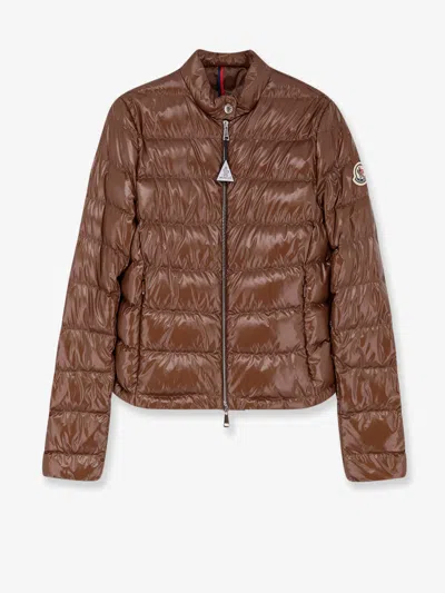 Moncler Papillon Down Jacket With Logo Patch In Brown