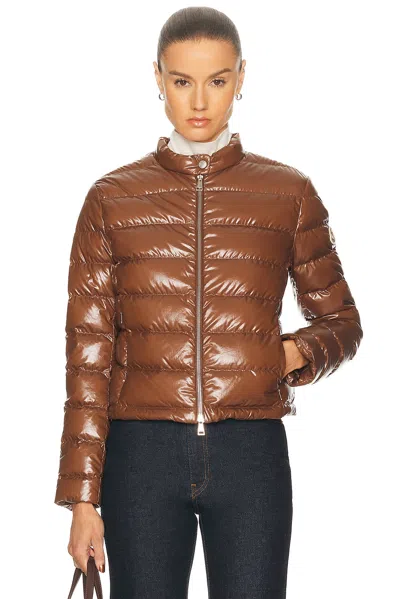Moncler Papillon Short Down Jacket With Glossy Finish In Brown