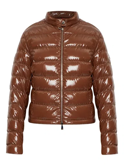 Moncler Papillon Short Down Jacket With Glossy Finish In Brown