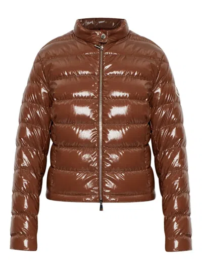 Moncler Papillon Short Down Jacket With Glossy Finish In Brown