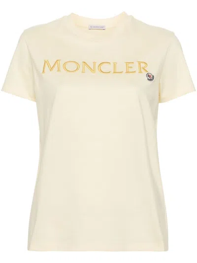Moncler Pastel Yellow Embroidered Logo T-shirt For Women In Lghtyellow