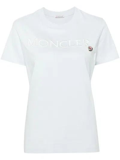 Moncler Pastelblue Embroidered Logo T-shirt For Women In Blue