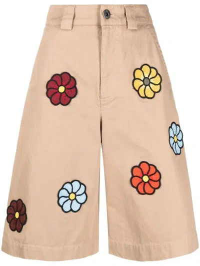 Moncler Patched Cotton Shorts In Beige