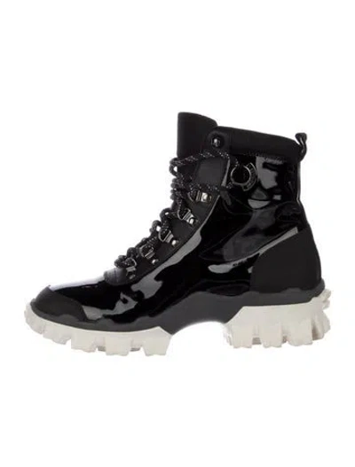 Pre-owned Moncler Patent Leather Colorblock Pattern Combat Boots In Black