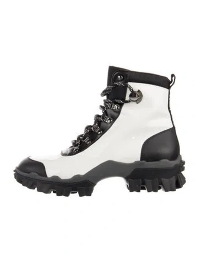Pre-owned Moncler Patent Leather Colorblock Pattern Combat Boots In White
