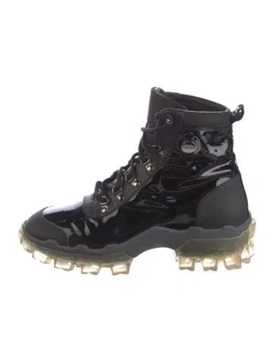 Pre-owned Moncler Patent Leather Combat Boots In Black
