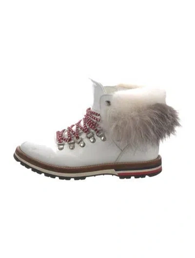 Pre-owned Moncler Patent Leather Fur Trim Combat Boots In White