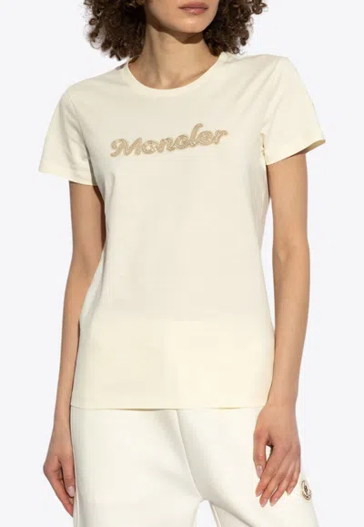 Moncler Pearl Embroidered Logo T-shirt In Cream