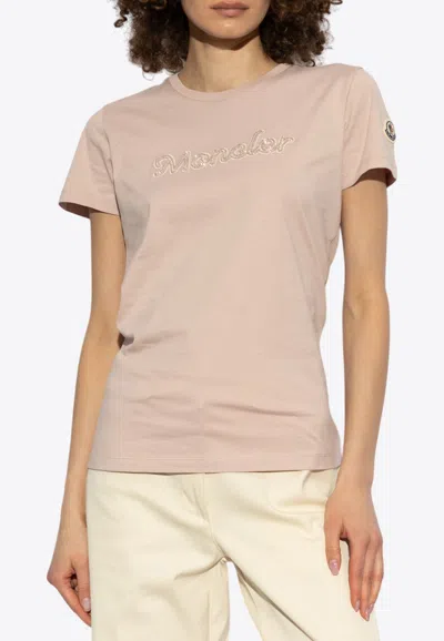 Moncler Pearl Embroidered Logo T-shirt In Pink