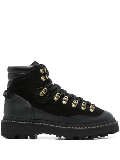 Moncler Peka Mixed Leather Hiking Boots In Black