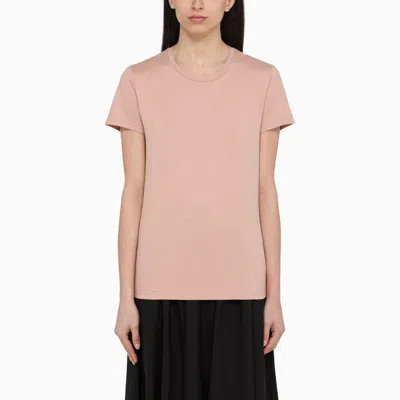MONCLER PINK COTTON T-SHIRT WITH LOGO PATCH