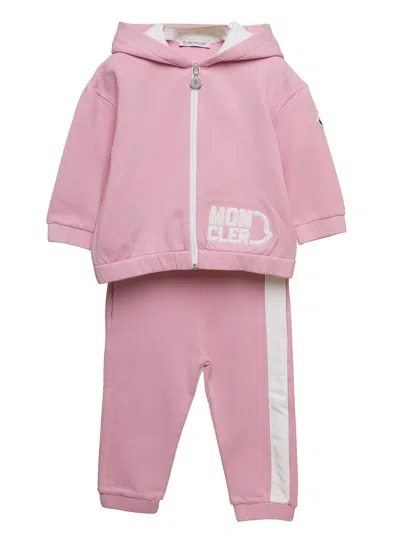 Moncler Kids' Pink Hoodie And Pants Suitr With Logo Patch In Cotton Blend Baby