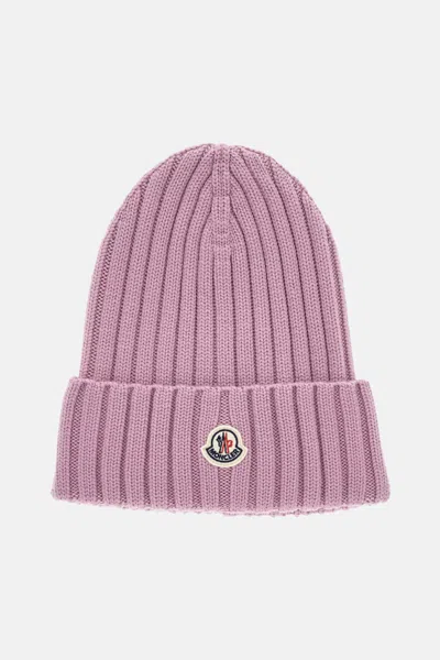 Moncler Pink Logo Beanie Hat In Purple