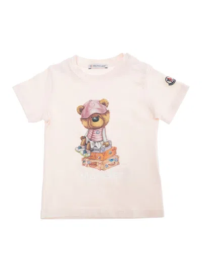 Moncler Kids' Pink T-shirt With Front Bear Print And Logo Patch In Cotton Baby