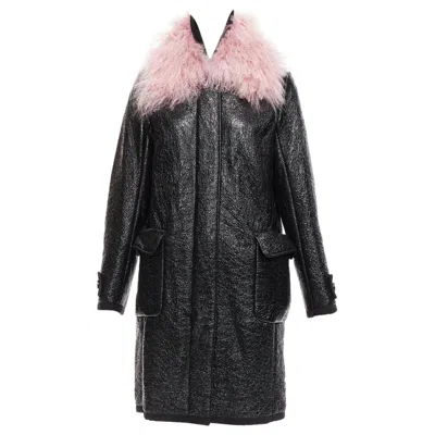 Pre-owned Moncler Pink Tibet Lamb Fur Black Patent Cotton Virgin Wool Blend Coat Sz1 M