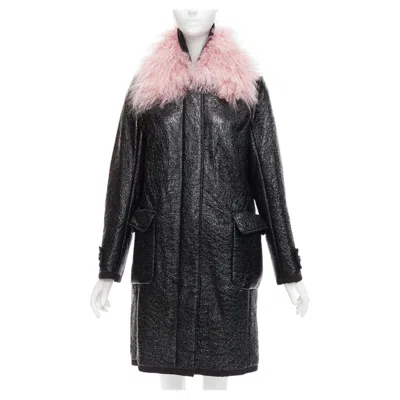 Pre-owned Moncler Pink Tibet Lamb Fur Black Patent Cotton Virgin Wool Blend Coat Sz1 M