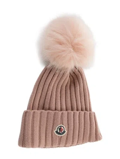 Pre-owned Moncler Pink Virgin Wool Knit Beanie With Fuzzy Pom Pom W/tags