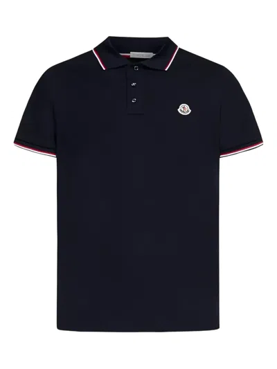 Moncler Cotton Polo Shirt With Logo In Blue