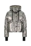 Moncler Calaque Metallic Hooded Down Ski Jacket In Silver