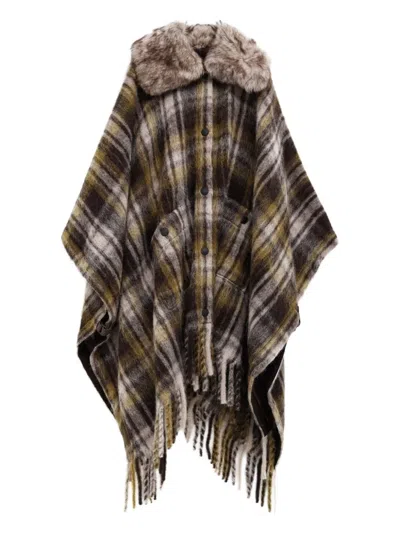 Moncler Grenoble Plaid Felt Cape With Genuine Shearling Collar In Multi