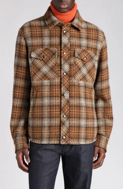 Moncler Plaid Wool Flannel Shirt In Brown