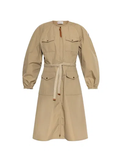 Moncler Pleated Poplin Midi Dress In Brown