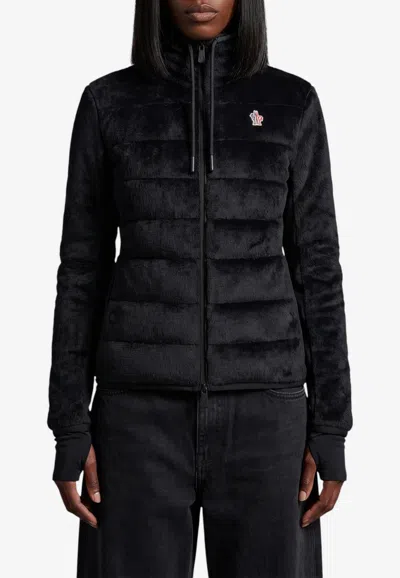 Moncler Quilted Padded Jersey-trimmed Plush Down Zip-up Cardigan Jacket In Black
