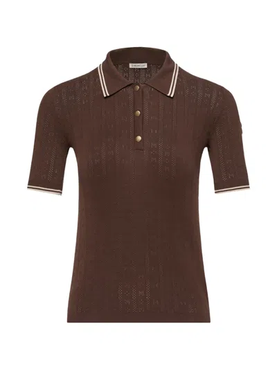 Moncler Pointelle-knit Tipped Polo Shirt In Brown