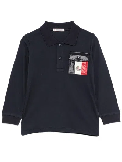Moncler Kids' Polo A Maniche Lunghe Logata In Cotone Piquet Tricolore In Blue