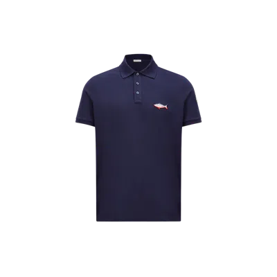 Moncler Shark Patch Cotton Piquet Polo Shirt Blue