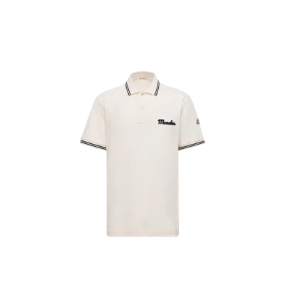 Moncler Mens Logo-embroidery Stripe-trim Cotton-jersey Polo Shirt Cream In Neutral