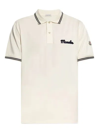 Moncler Mens Logo-embroidery Stripe-trim Cotton-jersey Polo Shirt Cream In Neutral