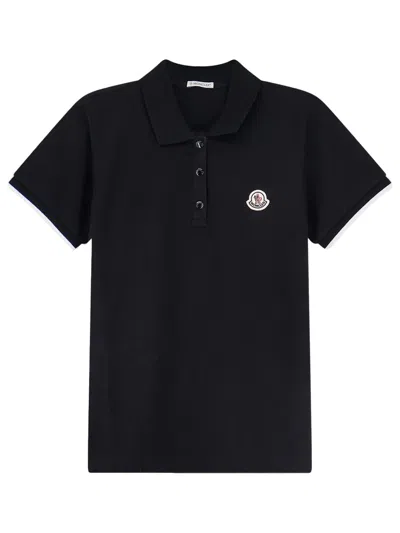 Moncler Polo In Piqué With Logo Patch In Black