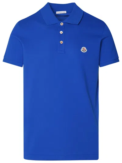 Moncler Cotton Polo Shirt With Logo Patch On The Front In Blue