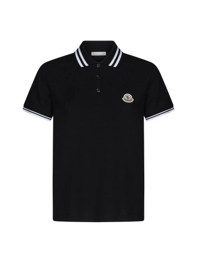 Moncler Logo Cotton Polo Shirt In Black