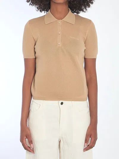 Moncler Polo Shirt With Embroidered Logo In Neutral