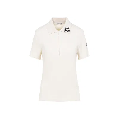Moncler Polo-style T-shirt With Zippered Collar And Floral Embroidery In Beige