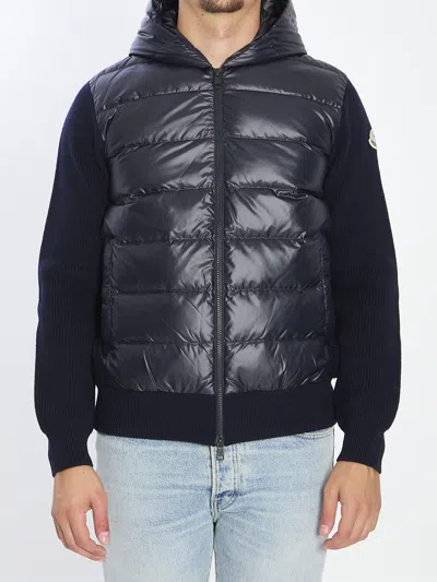 Moncler Hooded Cardigan With Padded Front And Ribbing In Blue