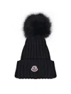 Moncler Ribbed Knit Wool Beanie With Faux Fur Pom-pom In Black