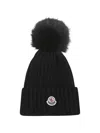 Moncler Ribbed Knit Wool Beanie With Faux Fur Pom-pom In Black