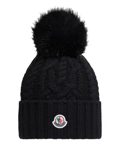 Moncler Pom-pom Cable-knit Beanie In Black