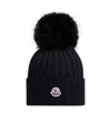 Moncler Ribbed Knit Wool Beanie With Faux Fur Pom-pom In Black