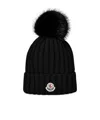 Moncler Ribbed Knit Wool Beanie With Faux Fur Pom-pom In Black