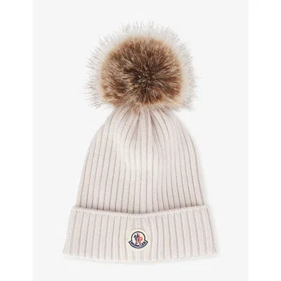 Moncler Kids' Pom-pom Ribbed Wool Beanie 4-10 Years Light Grey In White