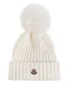 Moncler Virgin Wool Rib Beanie With Faux Fur Pompom In White