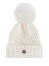 Moncler Virgin Wool Rib Beanie With Faux Fur Pompom In White