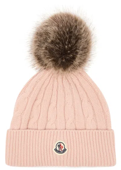 Moncler Pompom Cable-knit Wool-blend Beanie In Pink Light