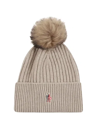 Moncler Pompom Logo-patch Beanie Hat In Neutral