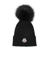 Moncler Ribbed Wool Beanie W/ Faux Fur Pom In Black