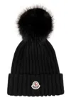 Moncler Ribbed Knit Wool Beanie With Faux Fur Pom-pom In Black